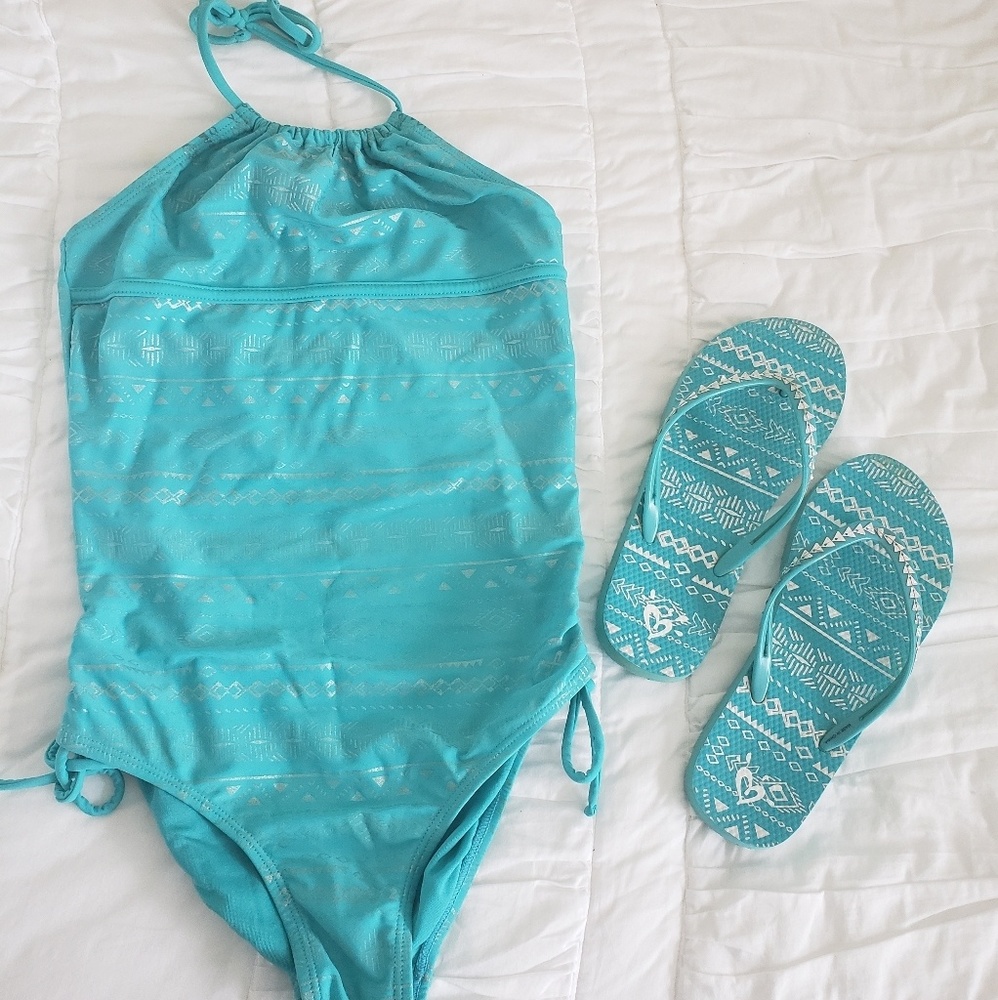 Justice swimsuit and flipflops